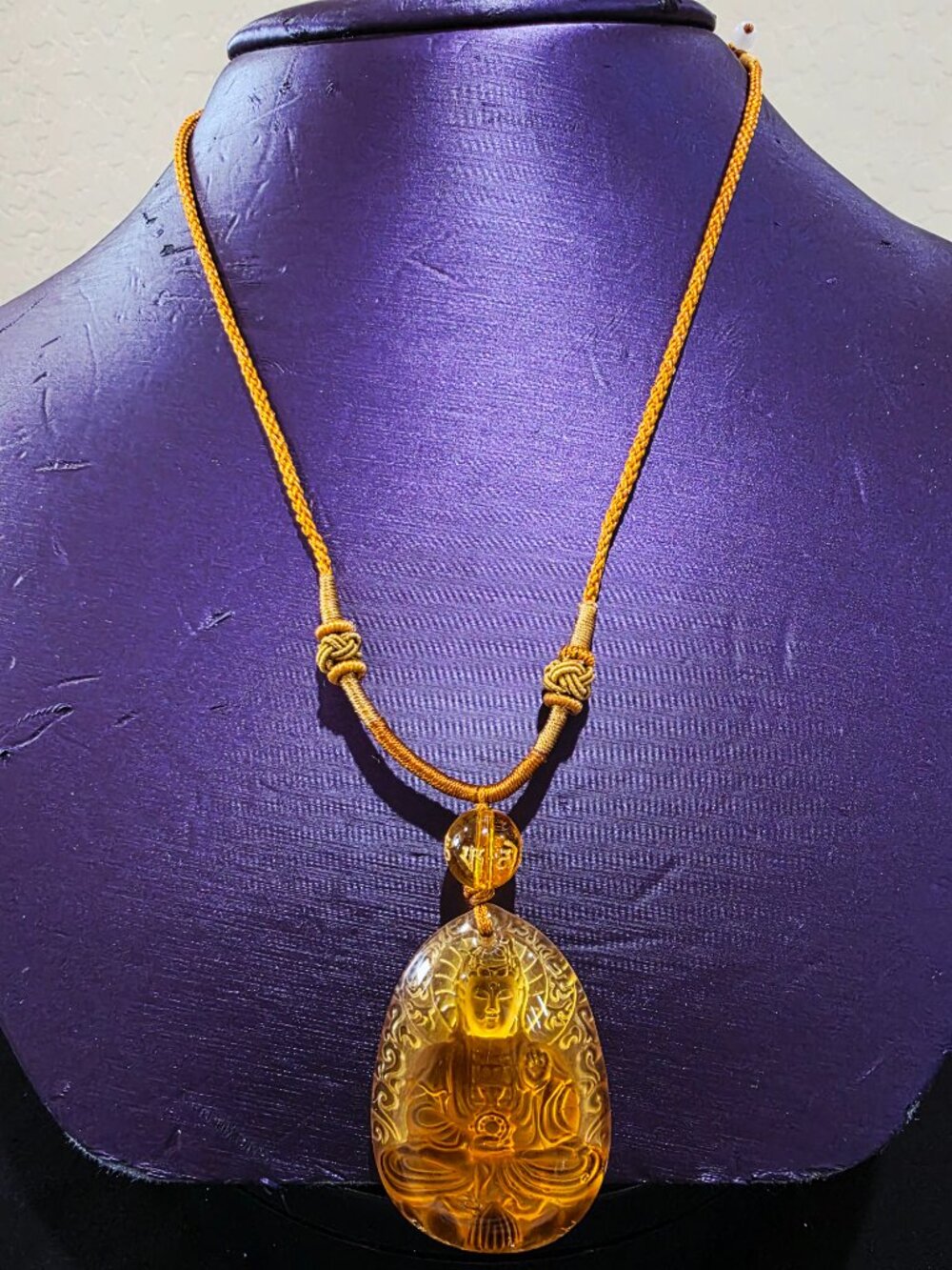 Artisan Buddha Bodhisattva Liuli Asian Amber-Toned Pendant Adjustable Necklace